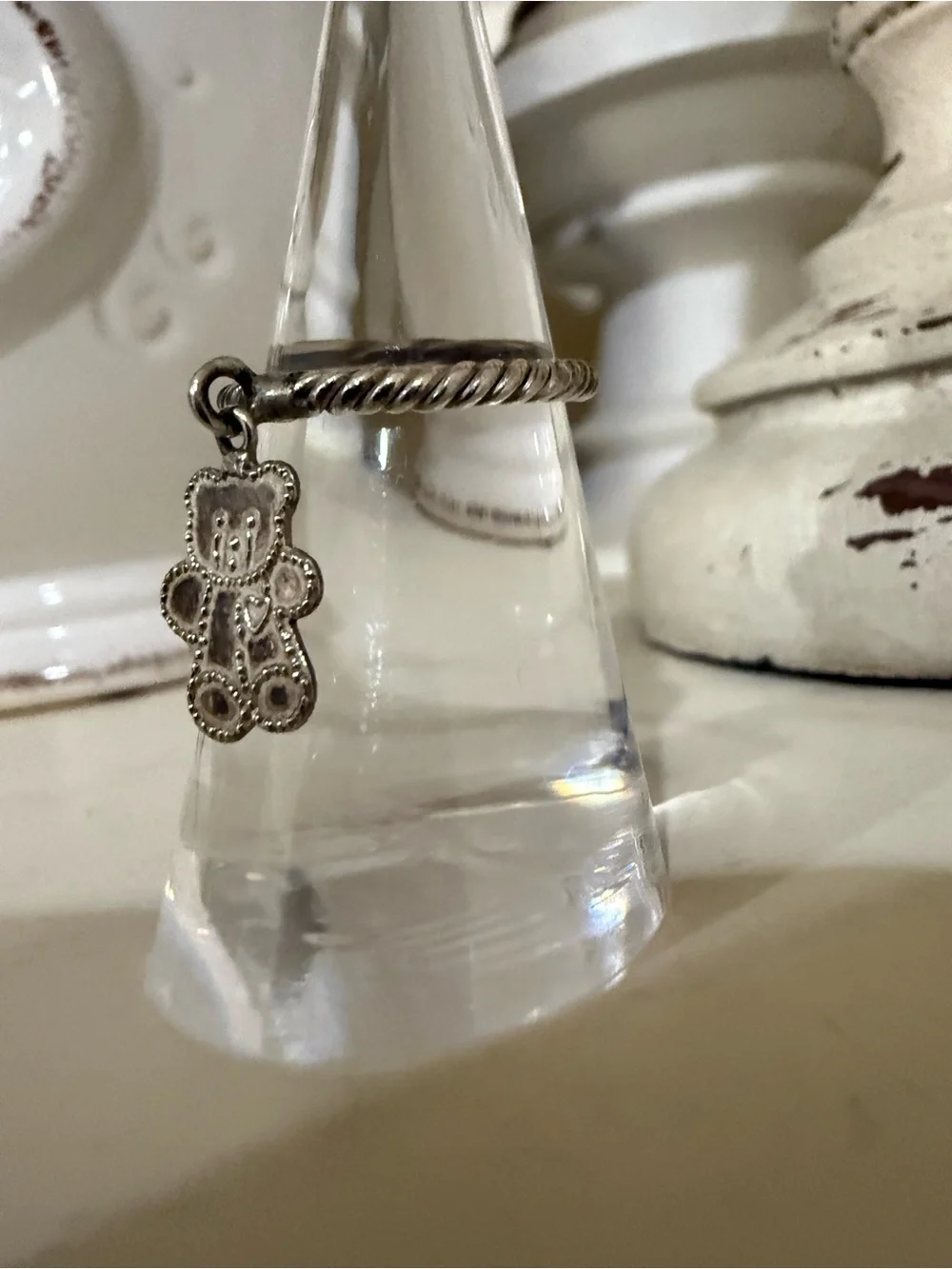Vintage Sterling Silver Teddy Bear Charm Ring on Rope Band